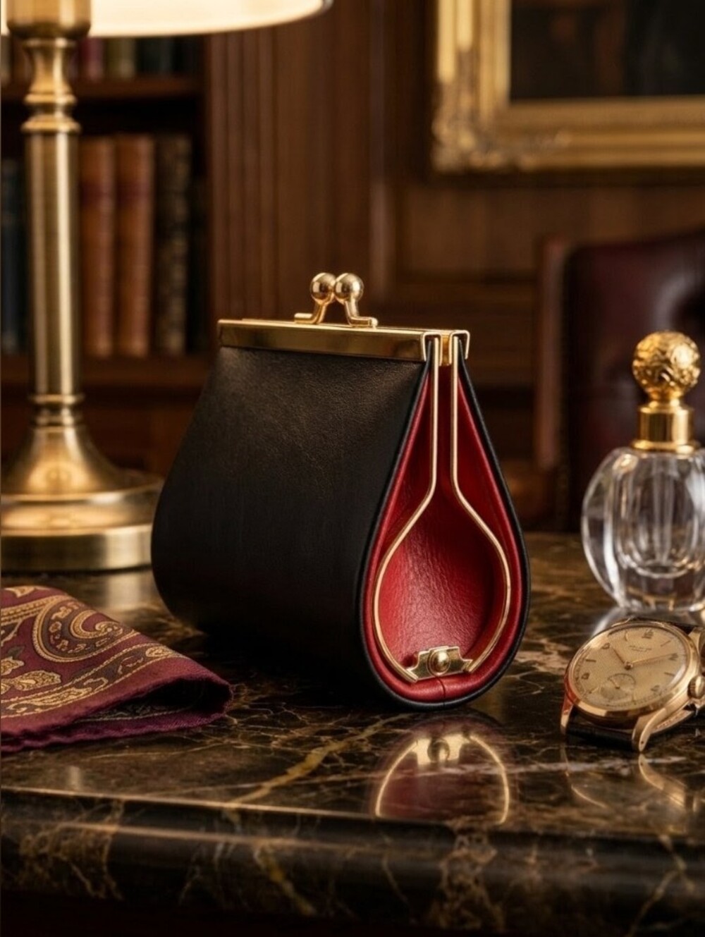 Structured Leather Frame Coin Purse - Black with Red Interior